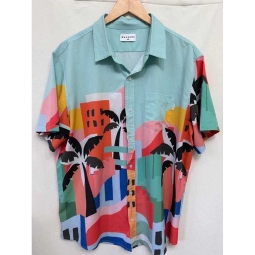 MAVRANS XXL Tropical Palm Cityscape reCOCOBLEND Short Sleeve Button Down Shirt